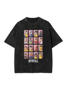 Men's Invincible Man Anime Pattern T-Shirt - Pure Cotton Vintage Washed Black Superhero Grid Design Loose Fit Round Neck Casual Top For Adults, Suitable For All Seasons, Comic Style T-Shirt, Machine Washable, Durable Fabric, Cartoon Print Shirt, Heavyweight Pure Cotton Washed - 黑色 - 查看 1