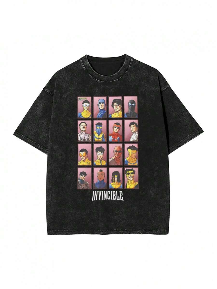 Men's Invincible Man Anime Pattern T-Shirt - Pure Cotton Vintage Washed Black Superhero Grid Design Loose Fit Round Neck Casual Top For Adults, Suitable For All Seasons, Comic Style T-Shirt, Machine Washable, Durable Fabric, Cartoon Print Shirt, Heavyweight Pure Cotton Washed - 黑色 - 查看 1