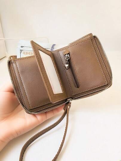 2026 New Patchwork PU Leather Short Women's Handbag Wallet, Fashion Zipper Bifold Leather Card Holder Purse, Minimalist Snap Button Design