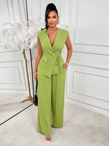 AIJ 2 piezas Conjunto de traje elegante de oficina para mujer, incluye 1 blusa con lazo delantero y 1 pantalón de pierna ancha. La blusa presenta un diseño con lazo delantero y hebilla metálica, con cintura elástica. El pantalón de pierna ancha es adecuado para el trabajo, viajes, traslados y salidas casuales. Verano - verde - Ver 5