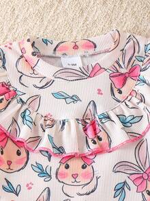 2pcs Baby Girls Cute Rabbit Graphic Round Neck Top And Casual Pants Set, Summer - Pink - View 4