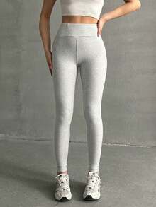 OYGA Casual Versatile Solid High Waist Leggings - Light Grey - View 1