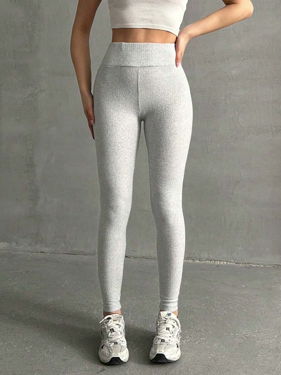 OYGA Casual Versatile Solid High Waist Leggings - Light Grey - View 1