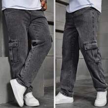 Men's Cargo Jeans With Lycra With Pockets, Elastic Waist - 燧石 - 查看 4