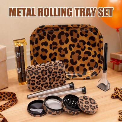 Creative Rolling Tray Set. Includes Tree Of Life/Leopard Print Tray, 4-Layer Metal Grinder, Storage Box, Rolling Machine, Filler, And Storage Tube. Multi-Functional Use, Convenient Storage. Complete Accessories. Smoking Accessories. Ideal Birthday Gift For Smokers, Holiday Gift, Valentine's Day Gift.