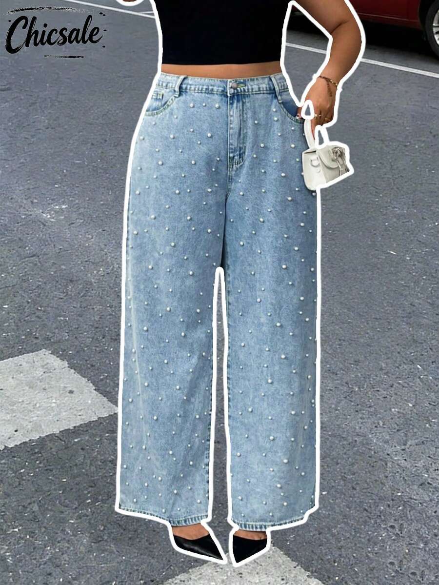 Plus Size Women Pearl Embellished Straight Leg Jeans - Light Wash - View 1