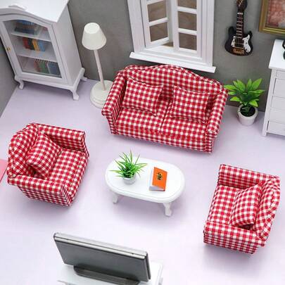 1:12 娃娃屋微缩家具模型客厅微缩场景，白色、红色格子、红色条纹、花卉图案布艺沙发三件套，含四个靠垫，娃娃屋沙发，微缩屋装饰，可躺式双人沙发，娃娃家具，可爱小沙发，微缩家具，适合复活节、返校礼物