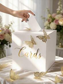 13Pcs Elegant White Wedding Card Box For Reception With 3D Gold Butterflies And Foil Cards Sign, Folding Money Gift Card Holder For Anniversary And Bridal Shower Party - Multicolor - View 1