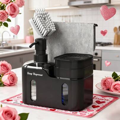 Juego de dispensador de jabón de cocina 4 en 1 con soporte para esponja, soporte para cepillo, toallero, dispensador de jabón práctico para cocina/baño, dispensador de jabón de cocina creativo, bomba de jabón para encimera, dispensador de jabón para platos, dispensador de jabón para baño, estante organizador para fregadero, botella de jabón rellenable, recipiente de jabón, accesorios de cocina, accesorios de baño, almacenamiento para el hogar, decoración moderna para el hogar, decoración de primavera, decoración de vuelta al colegio, regalo ideal para fiestas