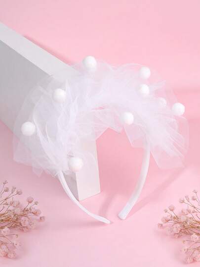 1件白色网纱发箍，女童款，白色绒球装饰发带，纯色伴娘发箍，优雅头饰，新娘婚礼日常派对头饰，青少年发饰