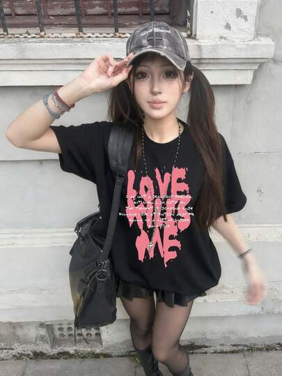 2026 Summer New Women's Round Neck Casual Loose Contrast Color English Print Graphic Fluid Visual Design Fashionable Versatile Street Style Short Sleeve T-Shirt, 1pc