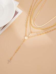 4pcs/Set Elegant Geometric Flat Snake Chain Faux Pearl Beaded Long Y-Shaped Tassel Rhinestone Cross Pendant Necklace, Luxurious Jewelry For Wedding, Party, Vacation, Daily Casual, Street Style, Women & Couples Gift - Necklace - View 5