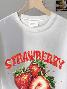 100%纯棉T恤，夏季热销款：海岛度假风，日常休闲舒适，可爱草莓印花，宽松版型，女士上衣 - 白色 - 查看 5