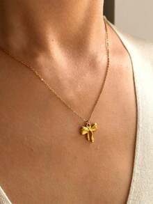 1pc Stainless Steel Waterproof Non-Fading Cute Bow Tie Necklace, Suitable For Women's Daily Wear - Small Gold Bow - View 4