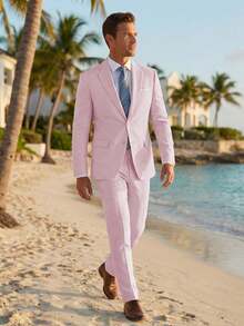 2pcs Men's 2 Piece Linen Suits For Men Slim Fit Casual Beach Wedding Summer Grooms Groomsmen Linen Blazer Pants Suit - 粉色 - 查看 6