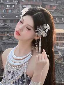 1 Stück Haarspange für Frauen aus glänzendem Stoff im chinesischen Stil, elegantes, retro Dutt-Stäbchen Accessoire, geeignet für alle Jahreszeiten, Perlenblumen-Quasten Haarschmuck für Hanfu Kopfbedeckung, Hochzeit Haarzubehör - Verschiedenfarbig - Übersicht 3