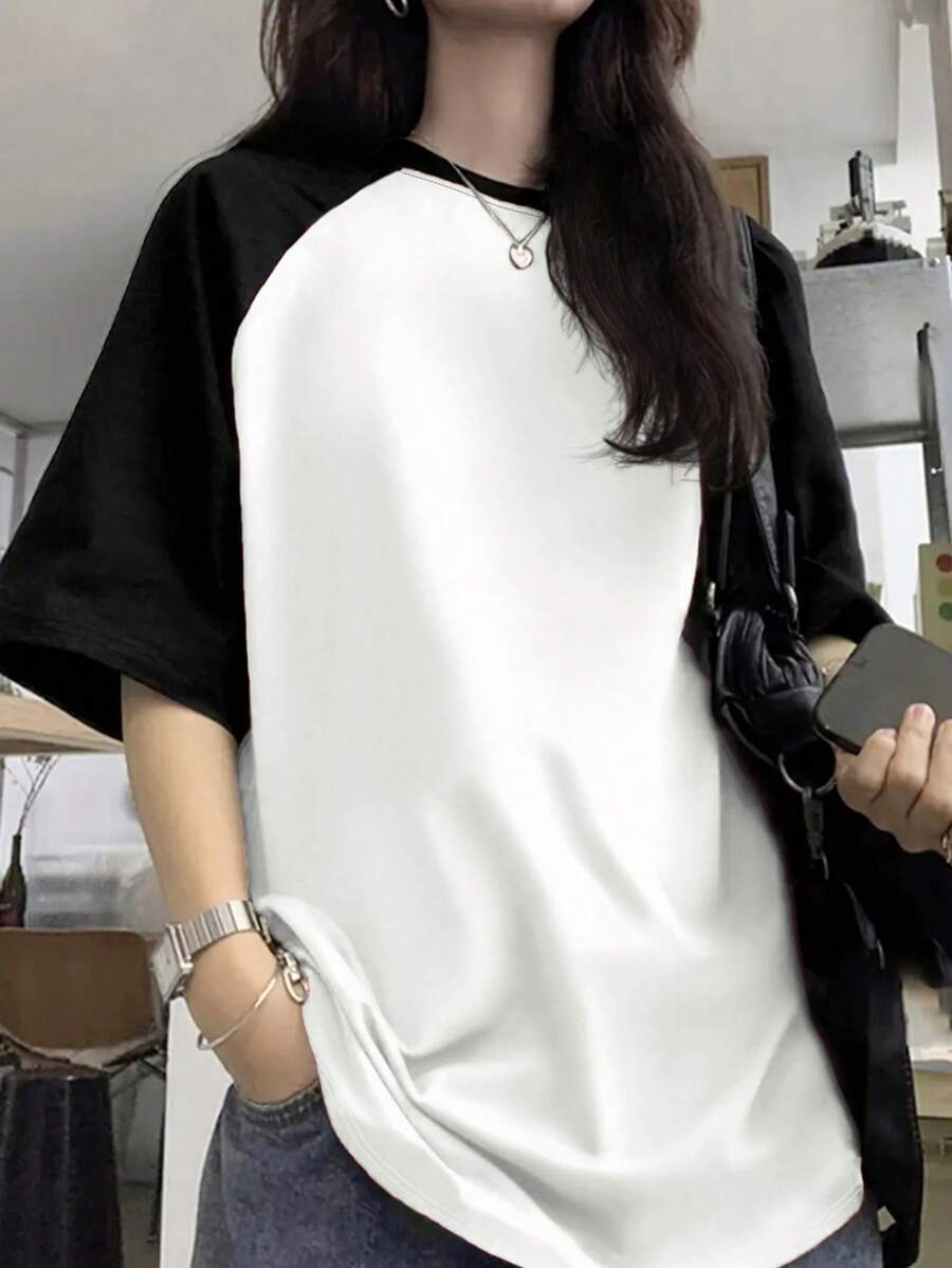 春夏休闲黑白撞色插肩袖宽松舒适日常街头风女式印花T恤 - 白拼黑 - 查看 1