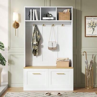 Ensemble armoire avec banc, espace de rangement ouvert et 2 portes – armoire compacte avec 4 crochets, coloris naturel et blanc, dimensions 105 * 40 * 180 cm