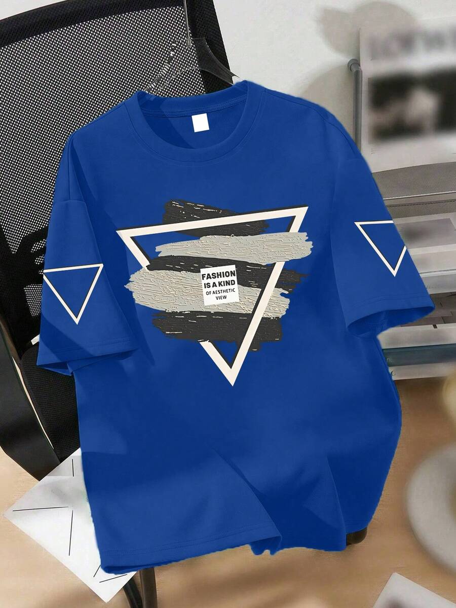 男童三角图案短袖T恤，街头艺术纹理，休闲日常上学必备单品 - 藍色 - 查看 1