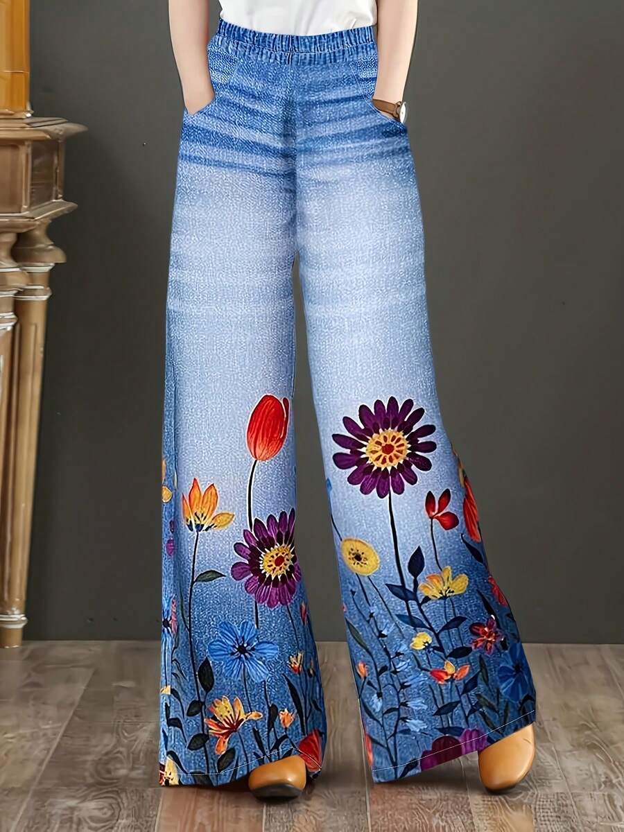 [Printed Pants - Not Denim Fabric] High-Waisted Elastic Wide-Leg Pants, Fashionable New Imitation Denim Print Casual Comfortable Loose Straight-Leg Women's Trousers - 風格 - 查看 1