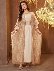 SUPGIR [随机印花] 女士长袖双面腰带亮片拼接晚礼服 - 香檳色 - 查看 7