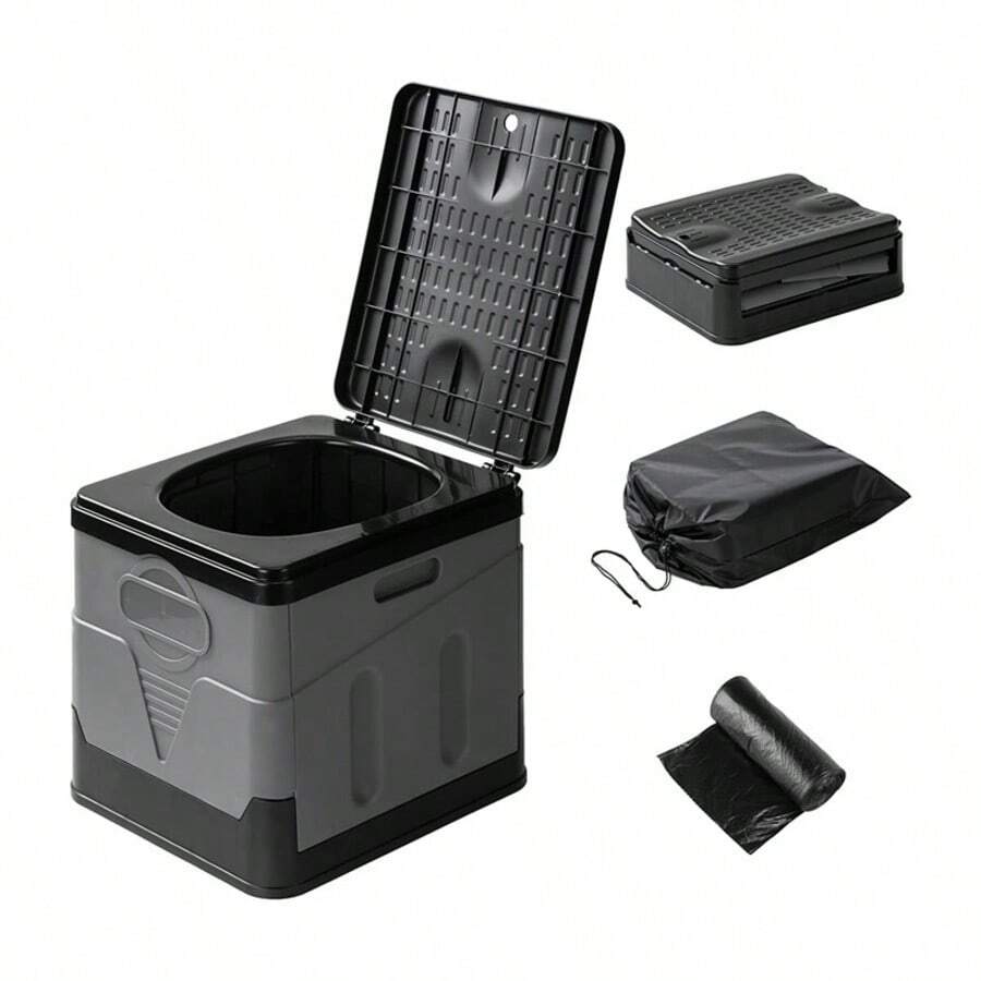 Portable Folding Toilet With Lid - Camping, Boating & Outdoor Travel Emergency Use - Includes Trash Bag & Storage Bag - No Electricity Required - Space-Saving Design For Cars, Trucks & RVs - Durable Plastic - 1 套裝 - 查看 1