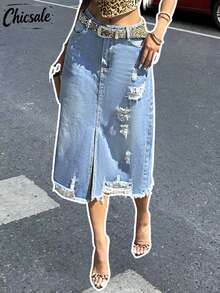 夏季休闲破洞磨边牛仔迷你裙 - 淺色水洗藍 - 查看 1