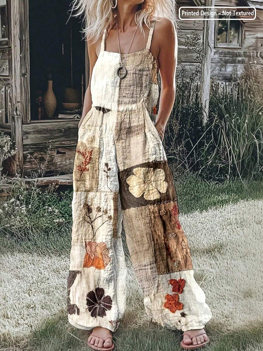Women's Retro Flat Print Jumpsuit: Spaghetti Strap Wide-Leg Romper With Patchwork Floral & Leaf Pattern, Side Pockets For Garden Getaways, Summer Vacations & Boho Style. - 混合色 - 查看 1