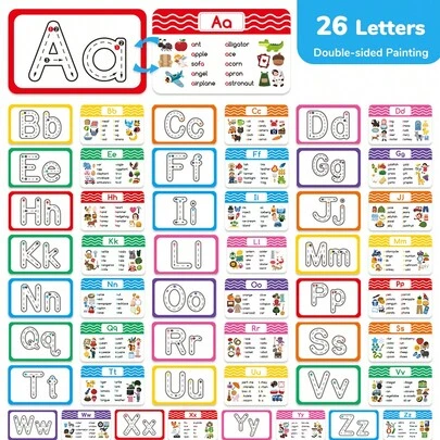 beartale 26 Letters Alphabet Flash Cards With Dry Erase Pen, Double-Sided A-Z Writing & Pronunciation Learning Toy, Preschool Montessori Educational Tool, Kids Early Literacy Teaching Supplies