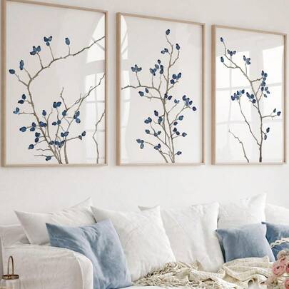 3pcs/Set Minimalist Blue Plant Wall Painting-Navy Blue And Neutral Tone Branch Printing, Modern Watercolor Style, Suit For Home Decor, Room Decor, Bedroom Decor, Living Room Decor, Bathroom Decor, Wall Decor, Optional Wall Art With Frame.