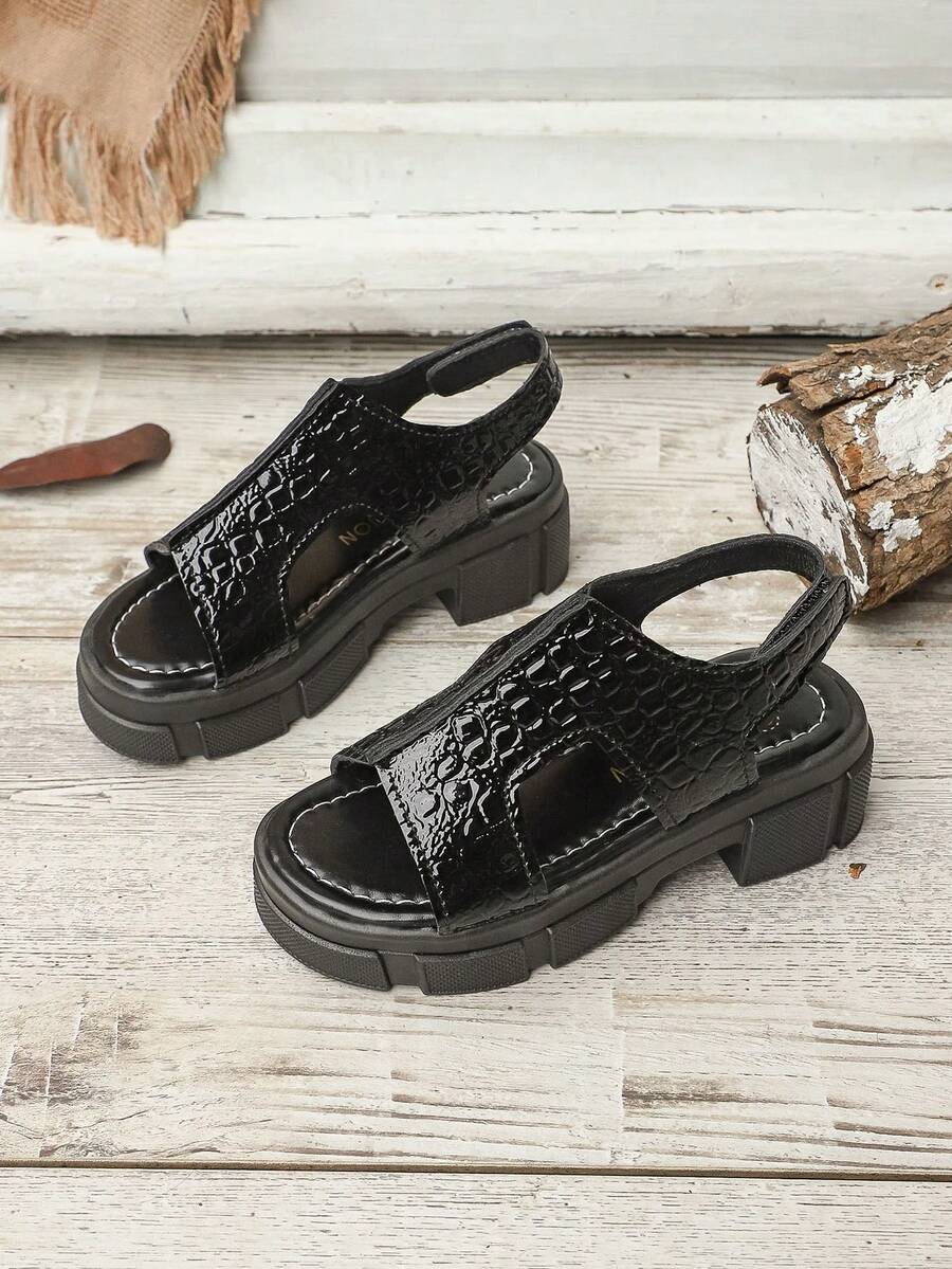 1双儿童夏季新款罗马凉鞋，高品质黑色漆皮PU材质，鳄鱼纹图案，厚底，搭扣设计，波西米亚假日风格，压纹图案，厚底，适合2-15岁男孩女孩幼儿学生夏季郊游、沙滩玩耍 - 黑色 - 查看 1