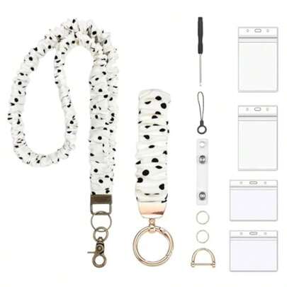 2 Set Stretchy Scrunchie Lanyard Teacher Lanyard Scrunchie Keychain Wristlet And Neck Lanyards For ID Badges Teacher Lanyards With ID Holder With 4 Card Holders For Nurses School