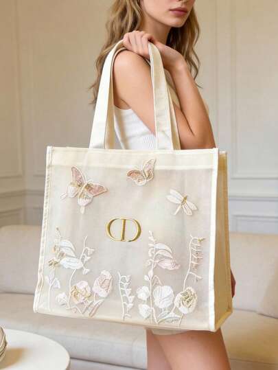 Christian Dior 41*38*2cm Mesh Butterfly Embroidered Tote Bag, Large Capacity Multi-Function Casual Travel Handbag