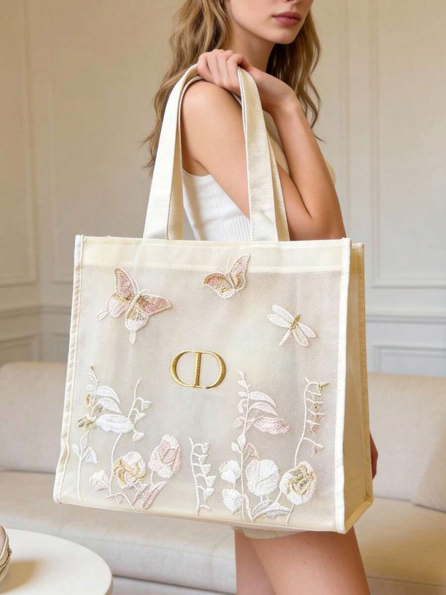 Christian Dior 41*38*2cm Mesh Butterfly Embroidered Tote Bag, Large Capacity Multi-Function Casual Travel Handbag - Beige - View 1