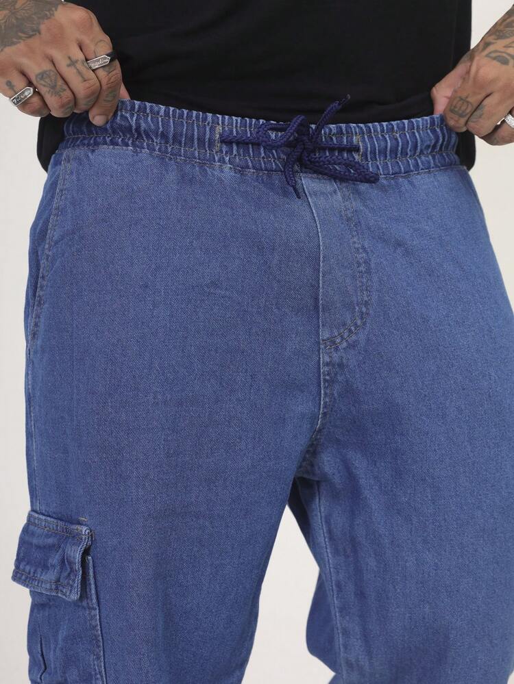 Men's Marbled Cargo Jeans, Wide Leg, Side Pocket, Streetwear - Medium Wash - View 4