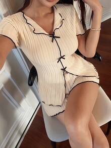 2pcs Women Bowknot V-Neck Long Sleeve Top And Flare Pants Ribbed Loungewear Set, Casual Sleepwear Suitable For Autumn/Winter - Apricot - View 1