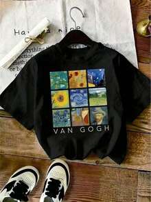 Camiseta mujer estilo artístico estampado cuadros Van Gogh tela suave holgada cuello redondo manga corta primavera verano uso casual combinable - Negro - Ver 1