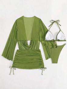 4pcs Sexy Solid Color Bikini Set With Sheer Cover-Up, Suitable For Vacation, Beach Party, Also Ideal For New Year And Valentine's Day, Exuding Elegance And Avant-Garde, Perfect Choice For Casual Women In Spring/Summer - 卡其色 - 查看 8