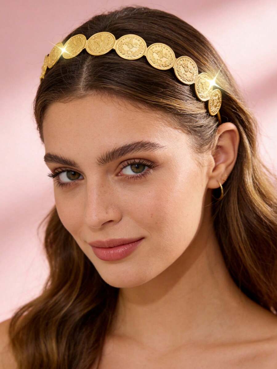 女士双层奥斯曼硬币图案发箍，复古摩洛哥镀金优雅发饰，适合派对、节日、准新娘等场合佩戴。 - 亮黃色2 - 查看 1