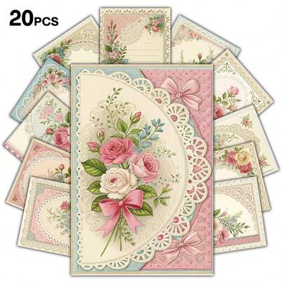 20张复古春季花卉明信片 - 花卉蕾丝边框设计，适用于剪贴簿、手工制作、礼品、工艺配件、家居拼贴装饰、摄影道具