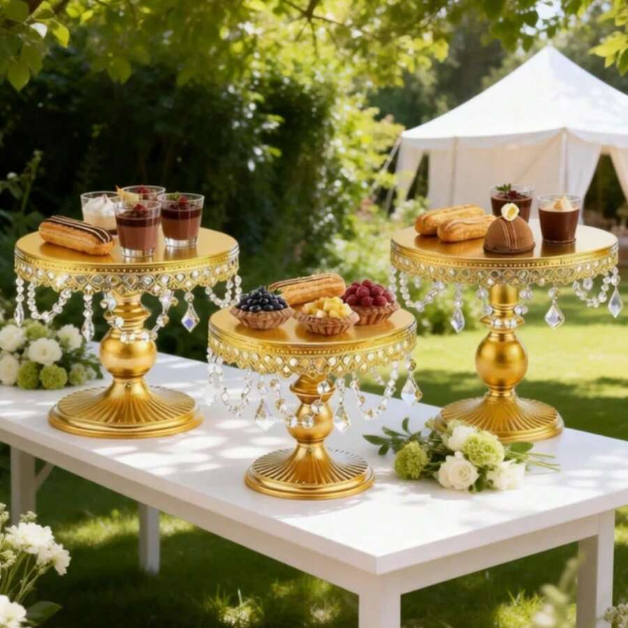 3Pcs Antique Cake Stand Set - Round Metal Cupcake Stands With Pendants And Beads - Elegant Dessert Display, For For Wedding, Birthday Party Decor, Gold/ White/Pink - 金色 - 查看 1