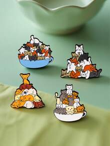 4pcs Cartoon Cat Animal Brooch, Cute Cats Playing In Bowl Stacked Design Metal Alloy Badge Clothing Accessory - Multicolor - View 5