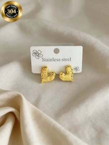 Textured Heart Stainless Steel Stud Earrings Niche Luxury Gold-Plated Earrings Valentine's Day Gifts For Men Valentine's Day Gifts Valentine's Day Gifts Stainless Steel Earrings Stainless Steel Jewelry Stainless Steel Costume Jewelry - Gold - View 7