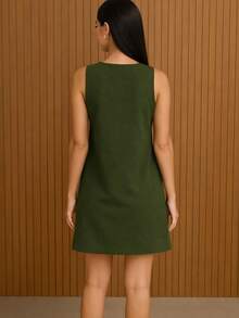 Women's A-Line Style Dress | Premium Tailored Fabric | Various Colors, Elegant And Modern With Pockets - 軍綠色 - 查看 2