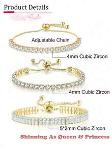 3pcs/Set Shinning Round Square Geometric Zirconia Adjustable Tennis Bracelet For Women Girl Daily Wear - Yellow Gold - View 4