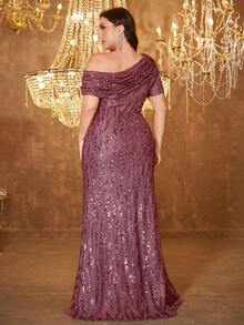 UNITHORSE Plus Size Random Cut Asymmetric Shoulder Short Sleeve Sequin Waist Cocktail Dress - Red Violet - View 2