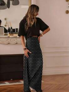 女士休闲波点A字长裙，采用无弹梭织面料，适合日常穿着，黑色，春季款 - 黑色 - 查看 3