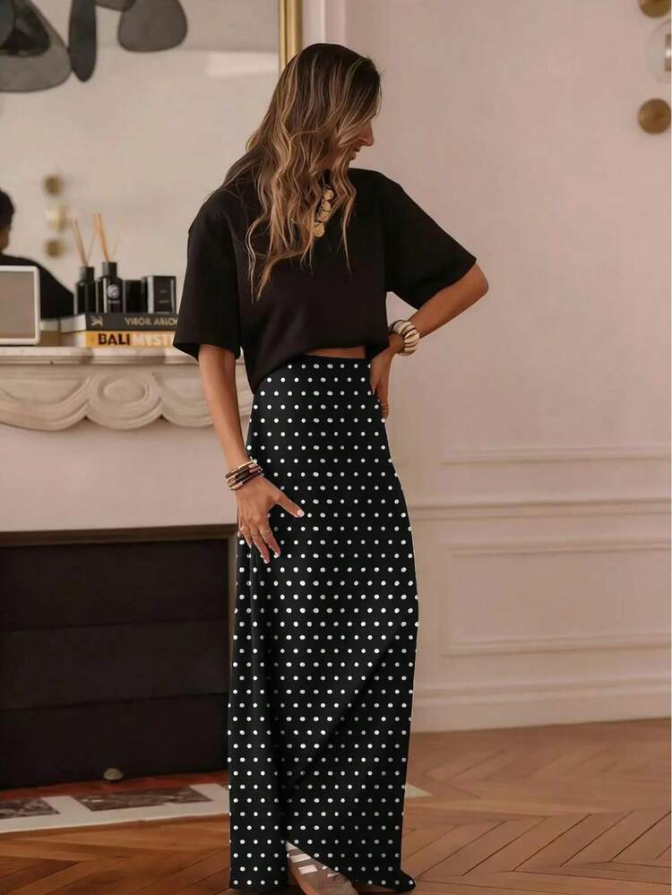 shein polka dot maxi dress SHEIN BAE White Base Black Polka Dot Off-Shoulder Double-Layer Ruffle  Collar Bodycon Maxi Dress, Elegant Wedding Guest Back To School