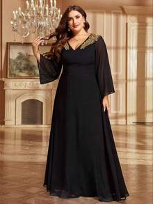 Plus Size Elegant Sequin Embroidered V-Neck Long Sleeve Formal Dress, Black Formal Gown, Party Dress, Spring/Summer Wedding Guest Dress, Holiday Dress - Black - View 5