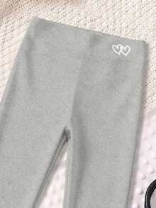 女童高腰爱心印花紧身裤，贴身鲨鱼皮纹裤子，舒适瑜伽裤，修身休闲七分裤 - 淺灰色 - 查看 5
